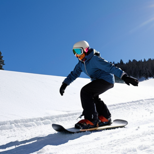 Home 15 **
A beginner snowboarder in a duck stance on a gentle slope, bending their knees and keeping their weight centered over the board. Focus on the snow spray from the edges of the board as they make a small turn. The background should feature a clear, sunny day on a wide, open bunny hill with other beginners nearby.
**