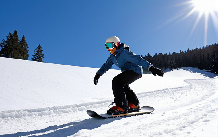 **
A beginner snowboarder in a duck stance on a gentle slope, bending their knees and keeping their weight centered over the board. Focus on the snow spray from the edges of the board as they make a small turn. The background should feature a clear, sunny day on a wide, open bunny hill with other beginners nearby.
**