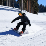 A beginner snowboarder doing the "falling leaf" technique on a gentle, snow-covered slope. The snowboarder is wearing a helmet and goggles and has a look of concentration on their face. In the background, there are other snowboarders and skiers enjoying the slopes. The weather is sunny, and the snow is soft and powdery.