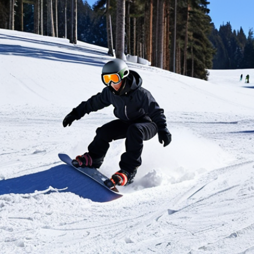 Home 14 A beginner snowboarder doing the "falling leaf" technique on a gentle, snow-covered slope. The snowboarder is wearing a helmet and goggles and has a look of concentration on their face. In the background, there are other snowboarders and skiers enjoying the slopes. The weather is sunny, and the snow is soft and powdery.