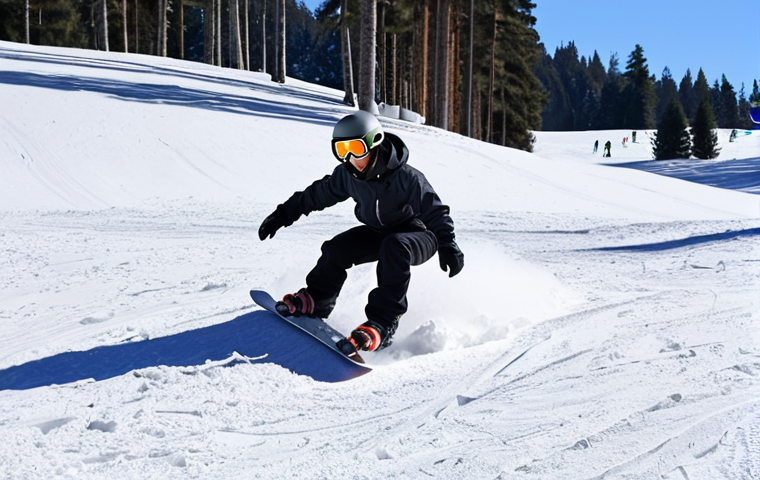A beginner snowboarder doing the "falling leaf" technique on a gentle, snow-covered slope. The snowboarder is wearing a helmet and goggles and has a look of concentration on their face. In the background, there are other snowboarders and skiers enjoying the slopes. The weather is sunny, and the snow is soft and powdery.