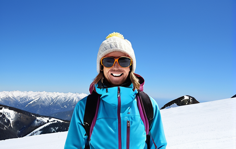 **
A snowboarder on a sunny mountain, wearing a shell jacket, fleece, and a light base layer. They are wearing sunglasses and a hat. The sky is bright blue, and there's a groomed slope behind them. Focus on the layering and the happy, comfortable expression of the snowboarder.
**