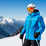 A confident male skier, dressed in a vibrant, professional-grade, fully waterproof ski jacket and insulated ski pants. He wears a protective ski helmet with tinted goggles and robust, insulated ski gloves. The attire is appropriate and modest, designed for high-performance skiing. He stands confidently on a snow-covered mountain slope, with crisp, fresh powder visible. In the background, majestic alpine peaks rise under a clear blue sky. Professional photography, sharp focus, natural lighting, perfect anatomy, correct proportions, natural pose, well-formed hands, proper finger count, natural body proportions, safe for work, appropriate content, fully clothed, family-friendly.