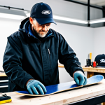 A professional snowboard technician, an adult individual, meticulously performing edge maintenance on a snowboard. The person is fully clothed in appropriate technical apparel, using a precise file guide and a metal file along the snowboard's side edge. The scene is set in a clean, well-organized tuning workshop, with various tools neatly arranged on a workbench in the background. The lighting is bright and focused, highlighting the details of the work. Natural pose, perfect anatomy, correct proportions, well-formed hands, proper finger count, natural body proportions. Professional photography, high quality, studio lighting, safe for work, appropriate content, modest clothing, family-friendly.