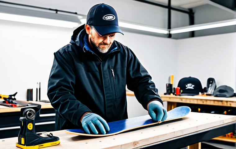 A professional snowboard technician, an adult individual, meticulously performing edge maintenance on a snowboard. The person is fully clothed in appropriate technical apparel, using a precise file guide and a metal file along the snowboard's side edge. The scene is set in a clean, well-organized tuning workshop, with various tools neatly arranged on a workbench in the background. The lighting is bright and focused, highlighting the details of the work. Natural pose, perfect anatomy, correct proportions, well-formed hands, proper finger count, natural body proportions. Professional photography, high quality, studio lighting, safe for work, appropriate content, modest clothing, family-friendly.