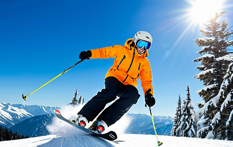 Action Shot on the Slopes**
"A skier in mid-air, carving a turn on a sunny, snow-covered mountain, fully clothed in a brightly colored, waterproof ski jacket and pants, wearing a helmet and goggles. Background features snow-covered trees and a clear blue sky. Safe for work, appropriate content, perfect anatomy, natural pose, professional action shot, high quality, well-formed hands, proper finger count, modest ski attire, family-friendly."
**