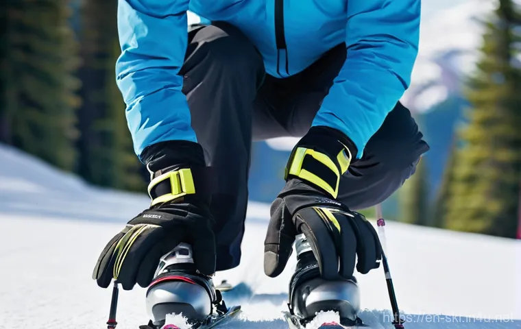 스키 장갑 선택법 - **Prompt:** A close-up, dynamic shot of a skier's gloved hands expertly gripping ski poles while act...