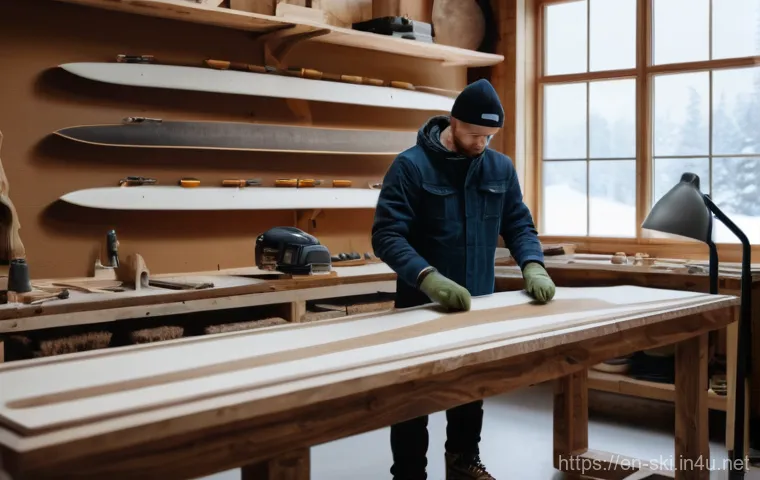 스노우보드 국내 브랜드 - Prompt 1: Artisanal Craftsmanship in a Snowboard Workshop**