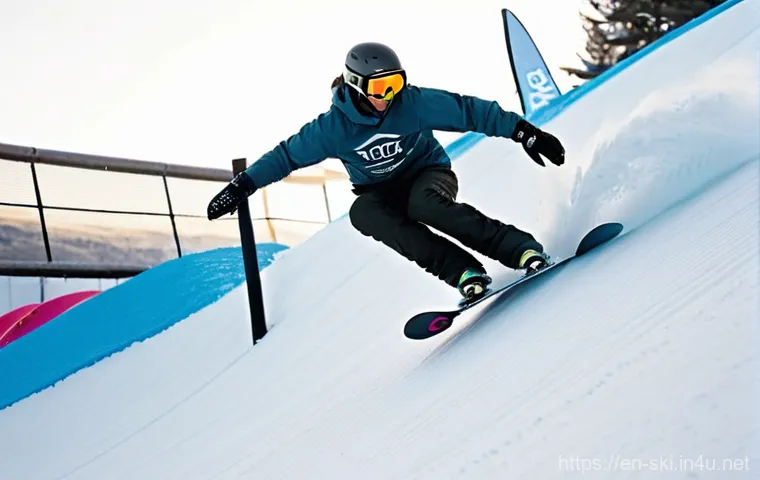 스노우보드 레일 활용법 - **Prompt for an Advanced Snowboarder on a Kinked Rail:**
    A female snowboarder in her early twent...
