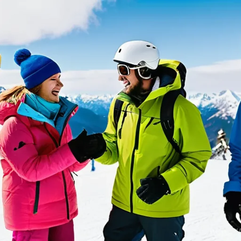 스노우보드 커뮤니티 활용법 - **Prompt:** A diverse group of five snowboarders, aged 20s to 30s, bundled up in colorful, modern wi...