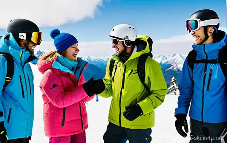 스노우보드 커뮤니티 활용법 - **Prompt:** A diverse group of five snowboarders, aged 20s to 30s, bundled up in colorful, modern wi...