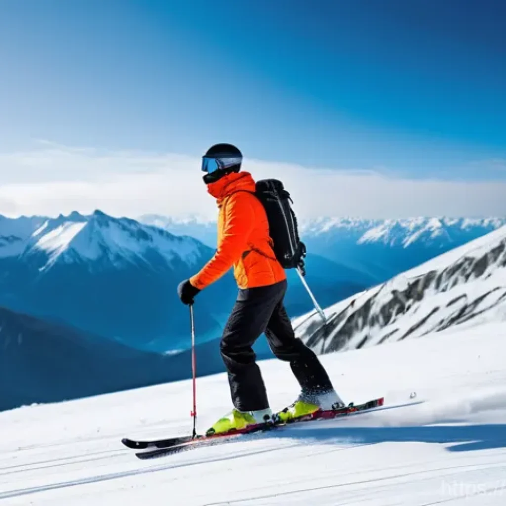스키장 기후별 준비물 - A dynamic, full-body shot of an experienced skier navigating a pristine, snow-covered mountain slope...