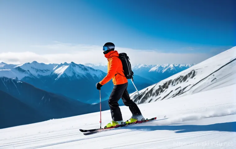 스키장 기후별 준비물 - A dynamic, full-body shot of an experienced skier navigating a pristine, snow-covered mountain slope...