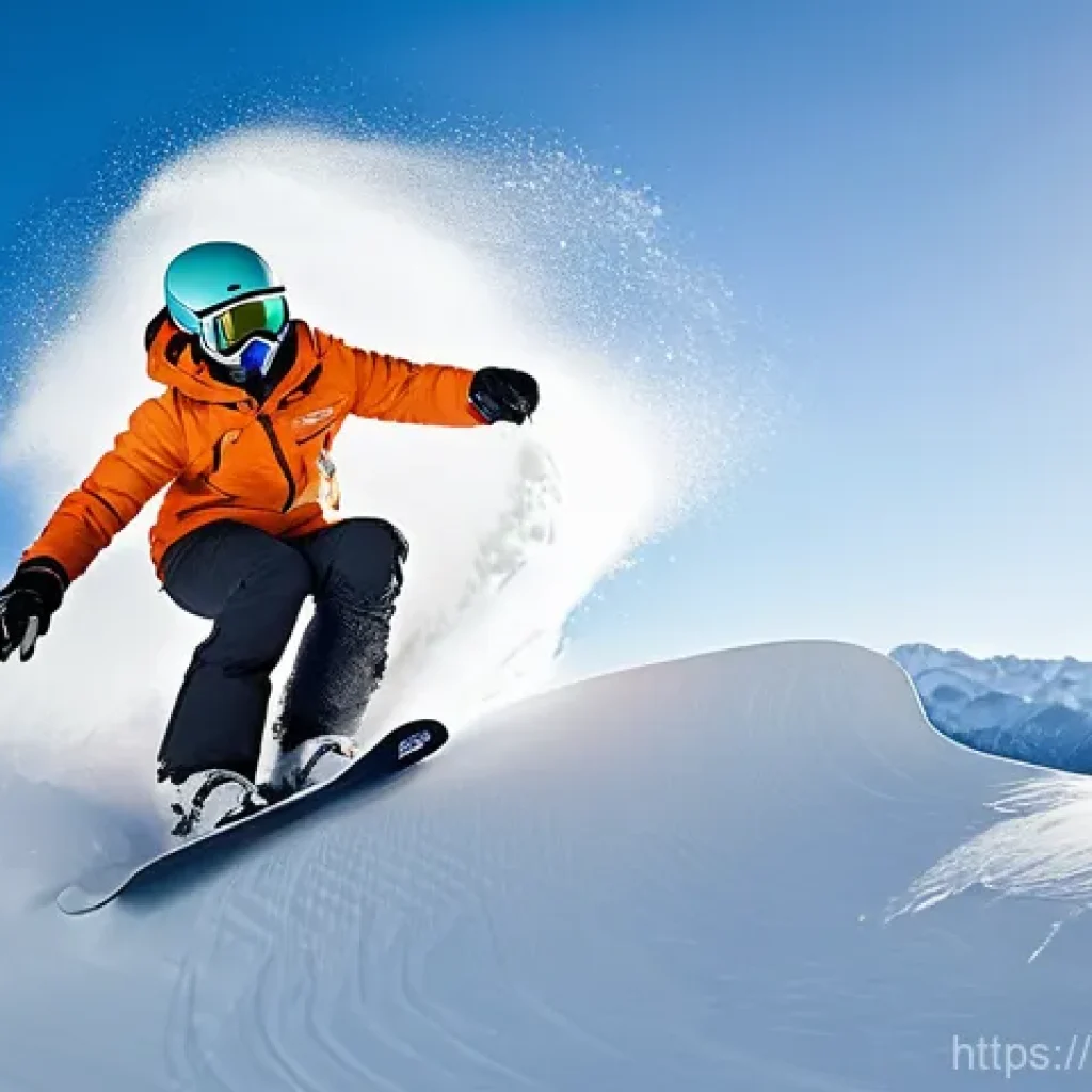 스노우보드 중급자 레슨 - **Dynamic Edge Control on a Groomed Slope:**
    "A snowboarder in a vibrant, functional winter outf...