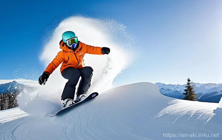 스노우보드 중급자 레슨 - **Dynamic Edge Control on a Groomed Slope:**
    "A snowboarder in a vibrant, functional winter outf...