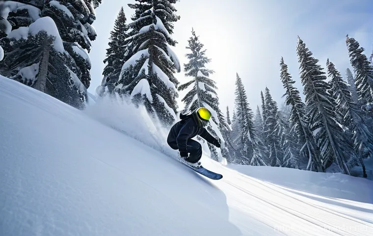 스노우보드 중급자 레슨 - **Dynamic Edge Control on a Groomed Slope:**
    "A snowboarder in a vibrant, functional winter outf...