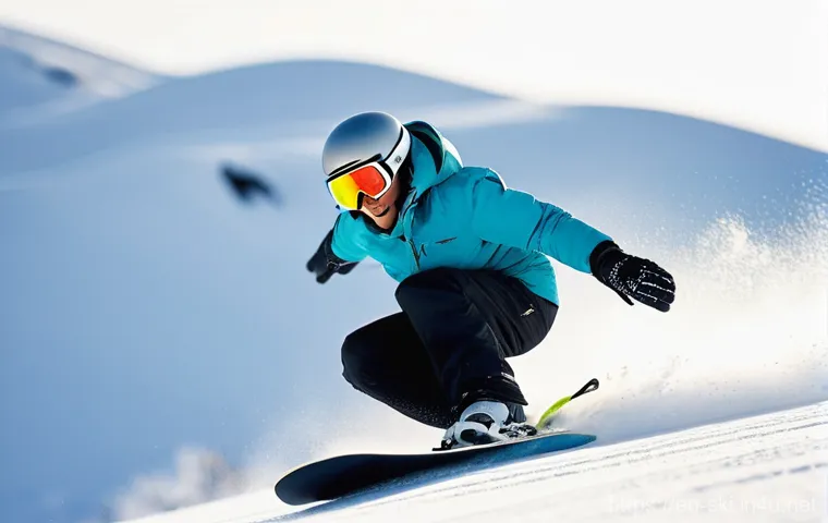 스노우보드 중급자 레슨 - **Flowing Through a Serene Glade:**
    "A snowboarder is gracefully navigating a tranquil, snow-cov...