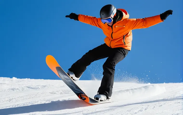 스노우보드 레일 초보법 - A female snowboarder, dressed in a bright pink helmet, reflective goggles, a sky-blue snowboarding j...