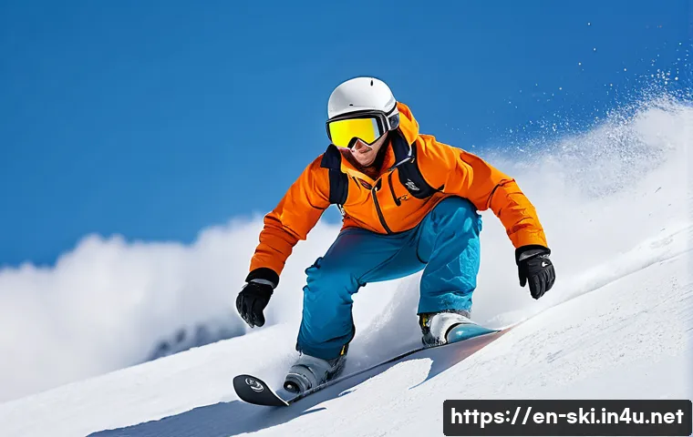 스노우보드 보호대 필요성 - A dynamic winter sports scene showing a snowboarder wearing a certified safety helmet with a sleek p...