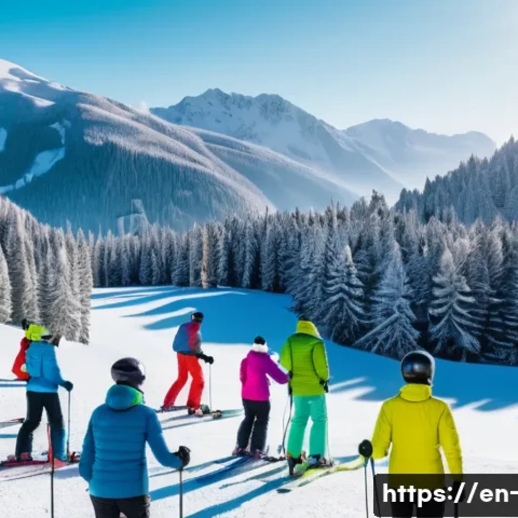 스키 여행 계획하기 - A vibrant ski resort scene at dawn showing diverse skiers preparing for the day: beginners dressed i...
