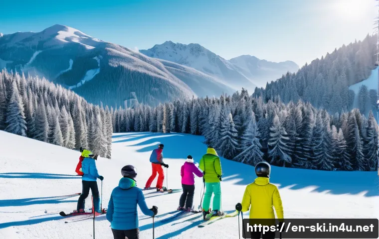 스키 여행 계획하기 - A vibrant ski resort scene at dawn showing diverse skiers preparing for the day: beginners dressed i...