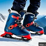 스키와 보드 장비 비교 - A detailed side-by-side comparison of skiing and snowboarding boots on a snowy mountain slope: the s...
