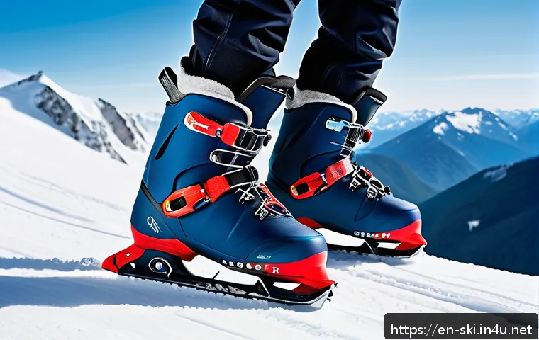 스키와 보드 장비 비교 - A detailed side-by-side comparison of skiing and snowboarding boots on a snowy mountain slope: the s...