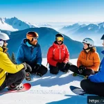 스노우보드 코스별 가격 - A professional snowboard instructor with visible certification badges teaching a small group of dive...