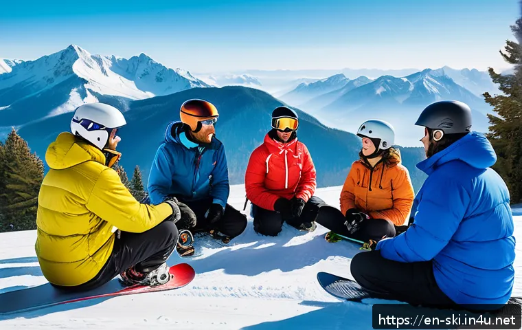 스노우보드 코스별 가격 - A professional snowboard instructor with visible certification badges teaching a small group of dive...