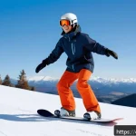 스노우보드 경사별 연습법 - A beginner snowboarder practicing balance on a gentle, wide snowy slope under clear blue skies. The ...