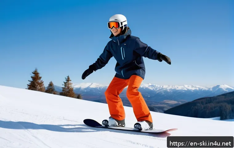 스노우보드 경사별 연습법 - A beginner snowboarder practicing balance on a gentle, wide snowy slope under clear blue skies. The ...