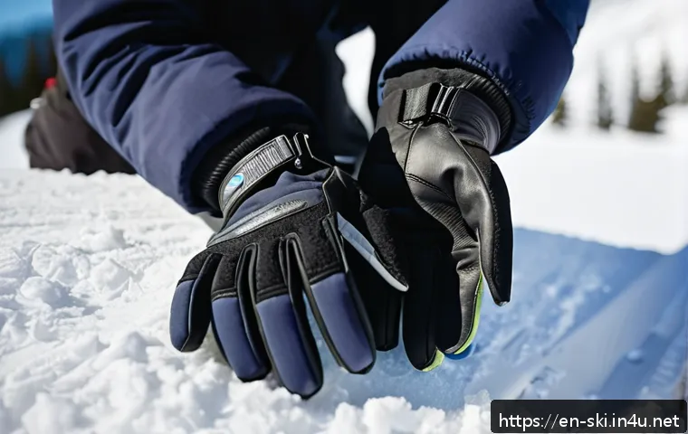 스노우보드 장갑의 중요성 - A close-up shot of high-performance snowboard gloves featuring a hybrid insulation design: synthetic...