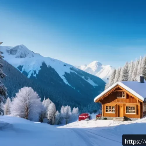 스키 여행 경비 절약법 - A cozy wooden cabin nestled in a snowy forest near a ski resort, with smoke gently rising from the c...