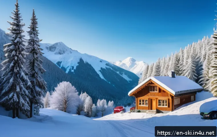 스키 여행 경비 절약법 - A cozy wooden cabin nestled in a snowy forest near a ski resort, with smoke gently rising from the c...