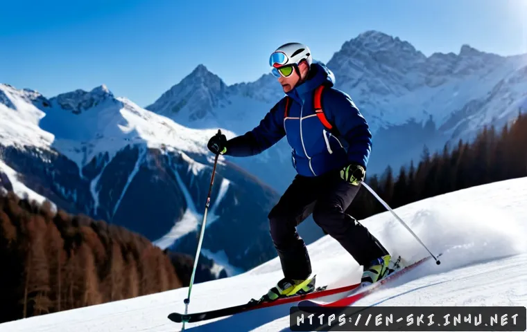 스키 지팡이 사용법 - Photorealistic instructional ski scene on a groomed alpine slope, an adult skier in a helmet, goggle...
