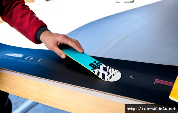 스노우보드 커스터마이징 방법 - Photorealistic close-up of a snowboard customization workspace in a bright home garage, adult hands ...