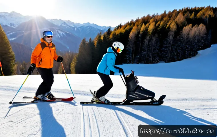 스키와 보드 기본 강습 - Photorealistic beginner ski lesson on a gentle groomed slope at a North American mountain resort, fr...