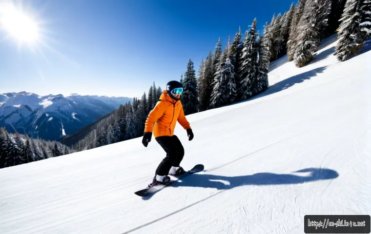 스노우보드 초보자 탈출 노하우 - Photorealistic wide-angle winter scene at a North American ski resort, adult beginner snowboarder in...